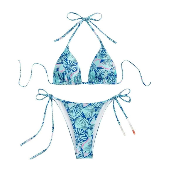 Generic Women's 2 Piece Swimsuits Floral Print Halter String Triangle Bikini Set Drawstring Tie Side Sexy Cute Swim Suits