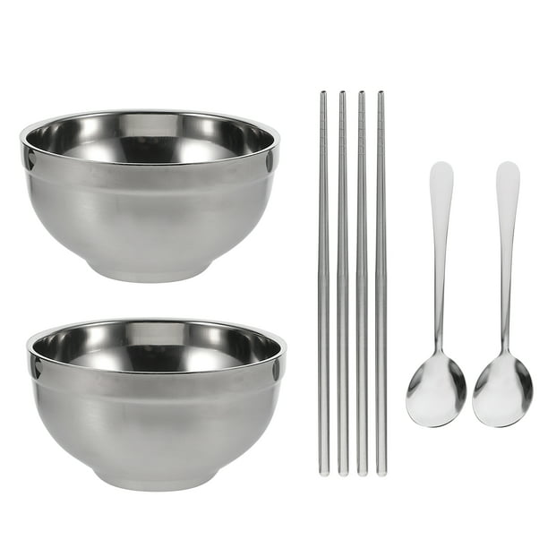 2 sets of Stainless Steel Bowl Chopsticks Spoons Retro Tableware Portable  Bowl