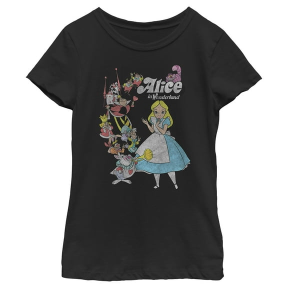 Girl's Alice in Wonderland Distressed Group Shot  Graphic Tee Black Medium