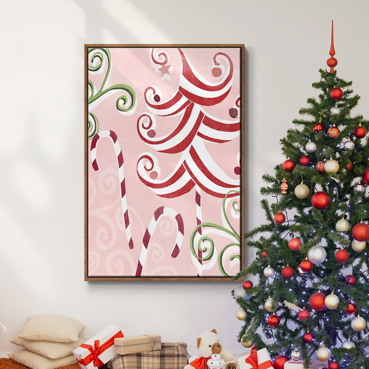 Candy Cane Holiday II - Framed Gallery Wrapped Holiday Canvas - 25 x 37 - Rosewood Frame
