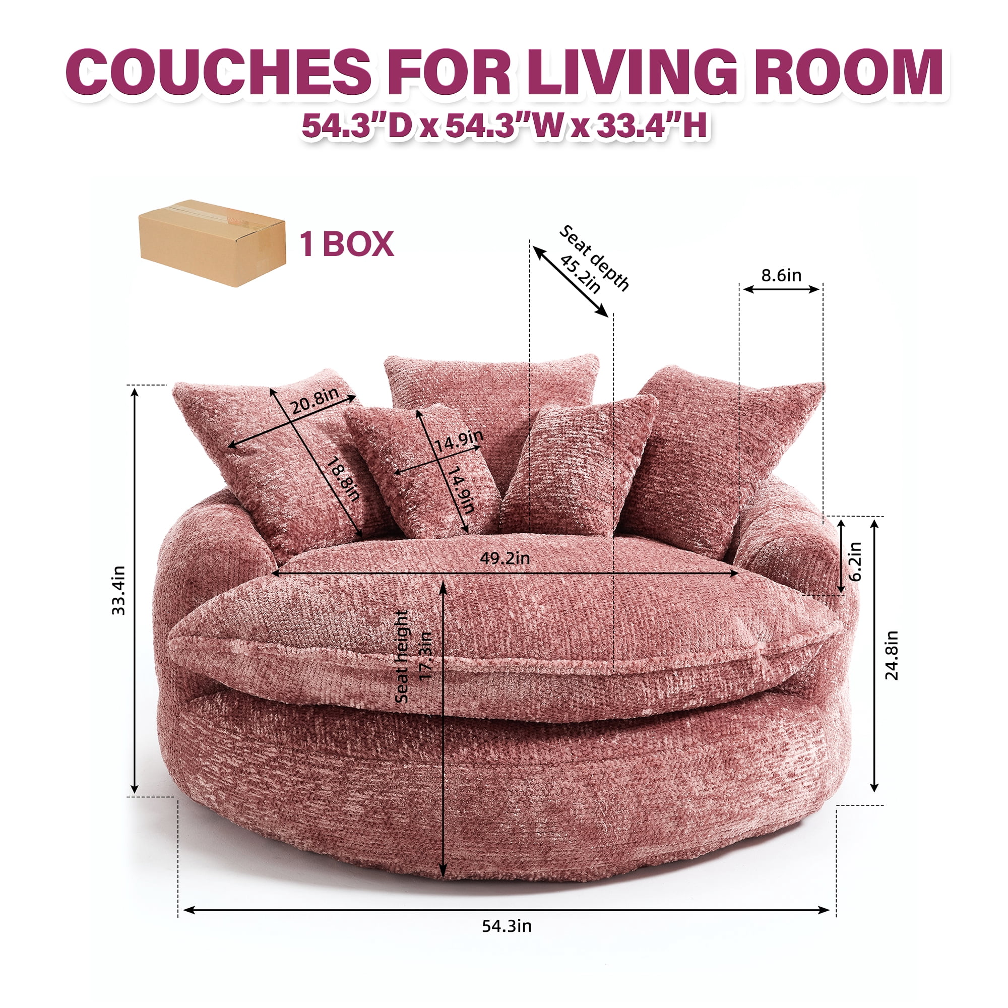 Aukfa 55" Oversized Round Chaise Lounge Chair, Fluffy Deep Seat Cloud Floor Sofa, Modern No Assembly Couch, Pink