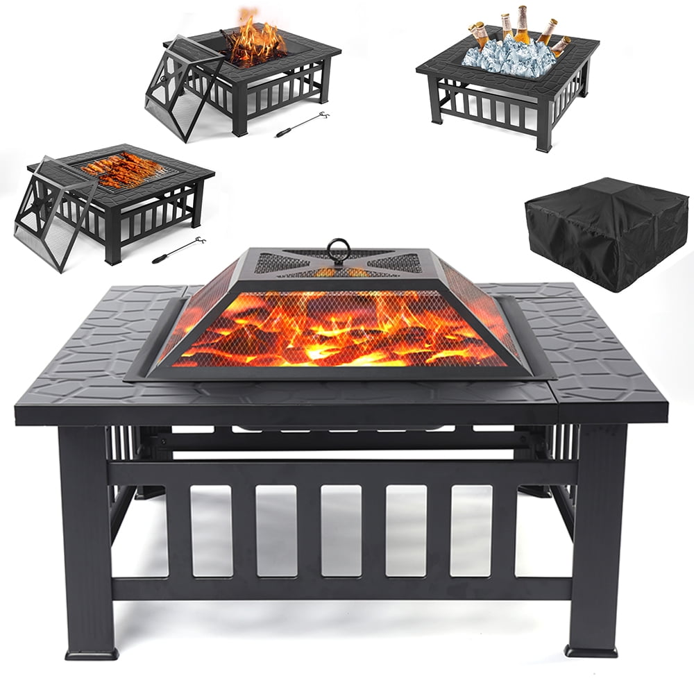 LEMY 32 Outdoor Fire Pit Square Metal Firepit Backyard Patio Garden Stove Wood Burning BBQ Fire Pit W/Rain Cover Faux-Stone Finish 