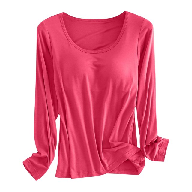 Built In Bra T Shirt For Womens Padded Long Sleeve Tops Active Blouses Soft Pajama Casual Shirts For Workout