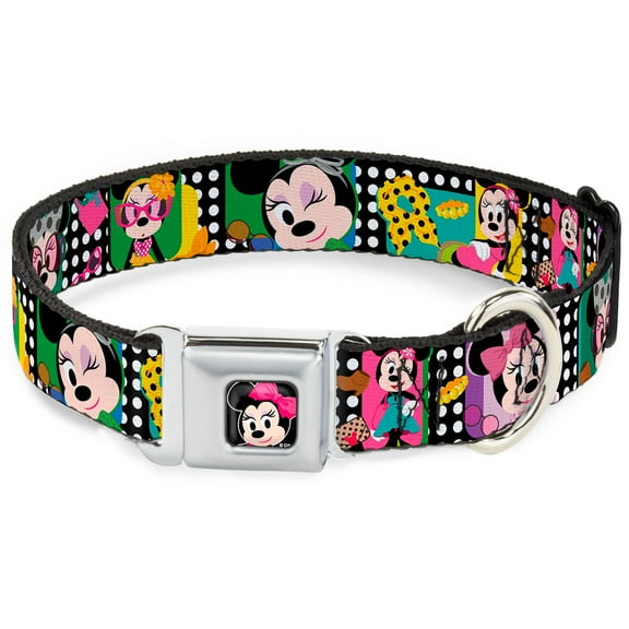 Disney Pet Collar, Dog Collar Metal Seatbelt Buckle, Mini Minnie Fashion Poses Polka Dot Black White Multi Color, 20 to 31 Inches 1.5 Inch Wide