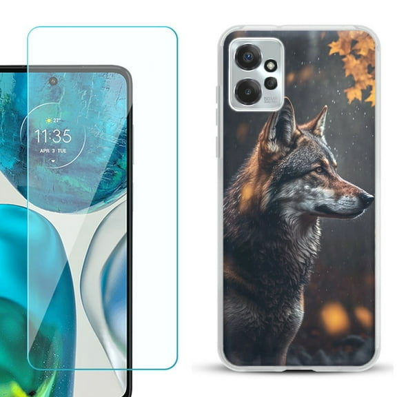 OneToughShield ® for Motorola Moto G Power 5G 2023 Shockproof Fashion Phone Case, with Tempered Glass Screen Protector - Wolf Autumn