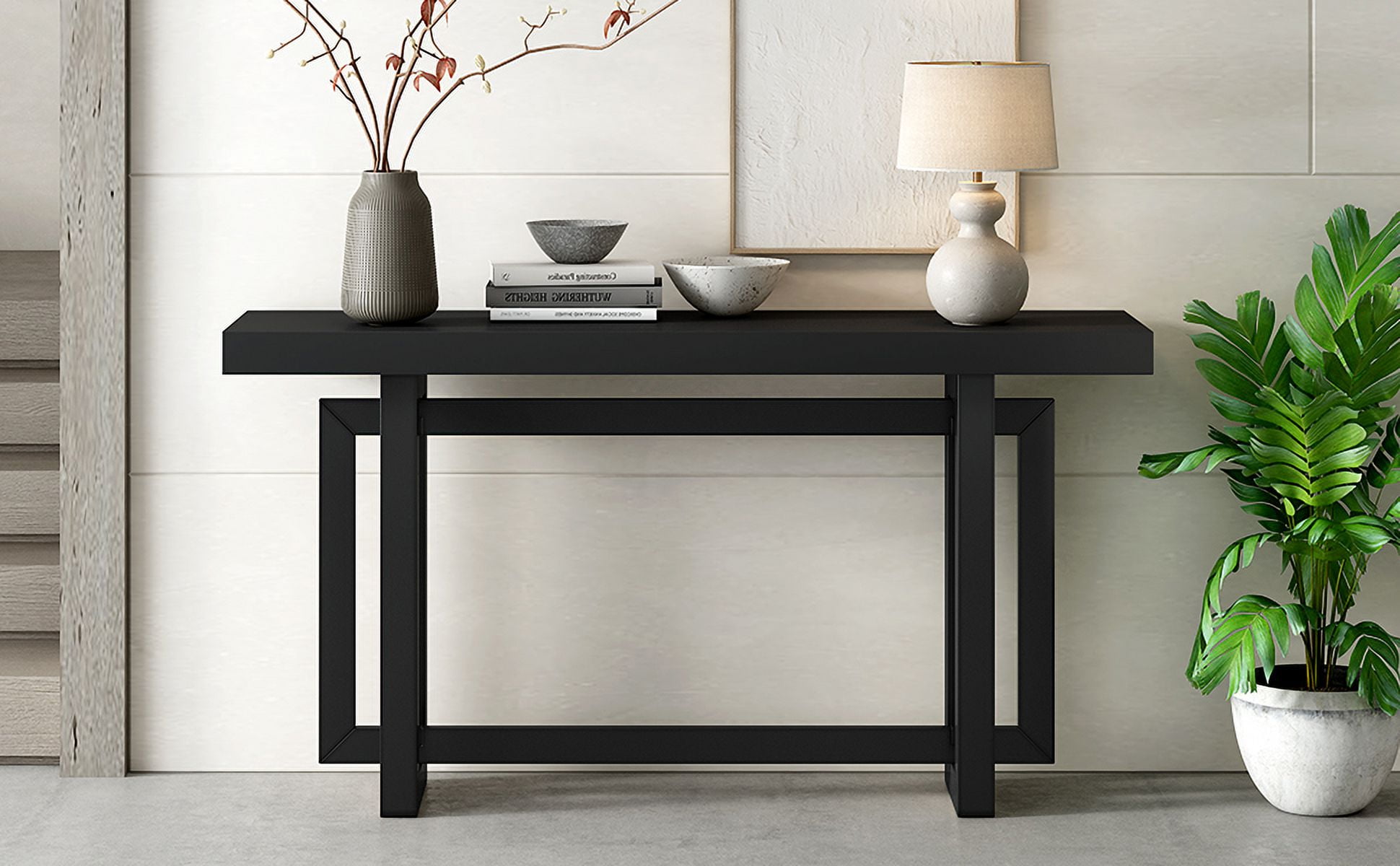 Noble House 59.1" Painted Entryway Table,Pine Veneer Triple Rectangle Design Console with Thick Pine Legs,Extra Long,Black