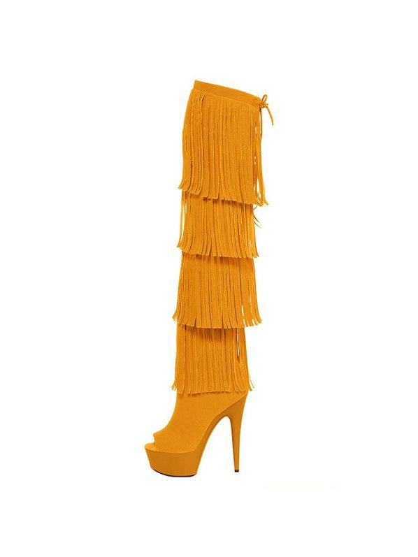 THIGH HIGH OPEN-TOED YELLOW FRINGE BOOT 