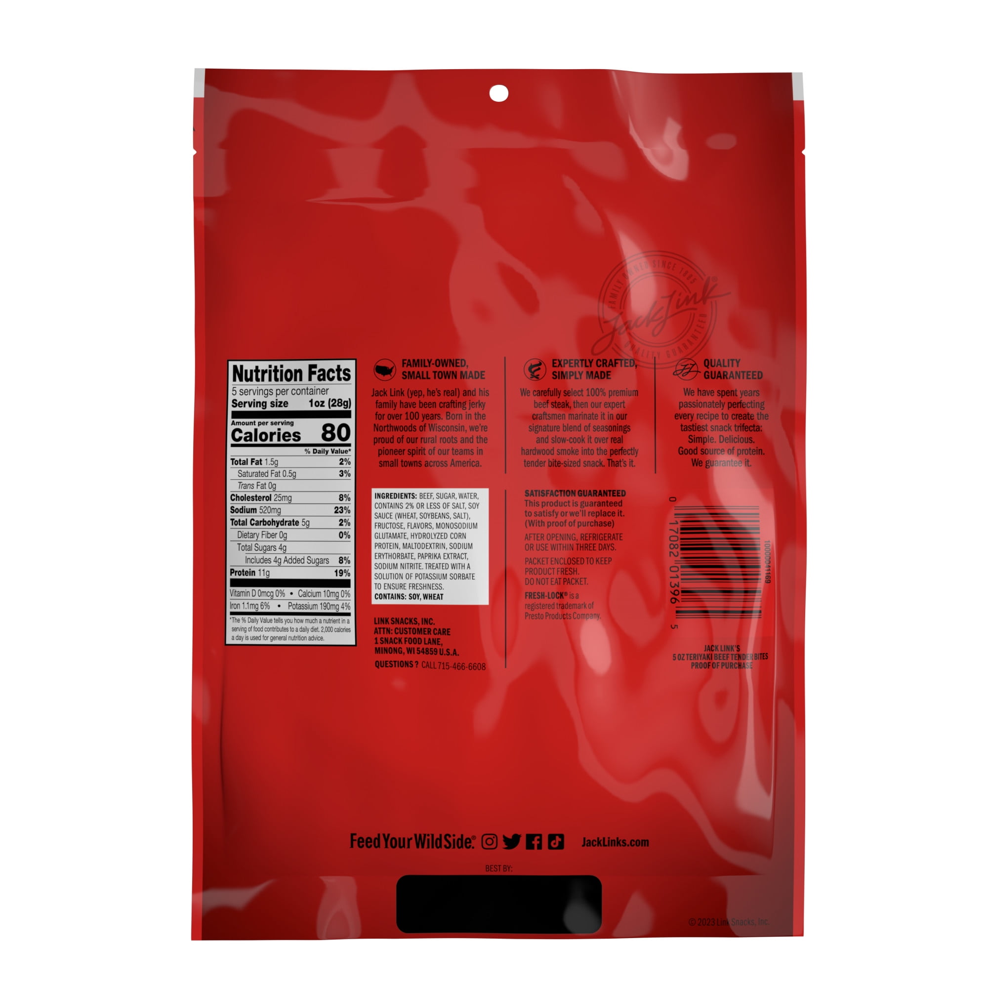 (8 pack) Jack Link’s Teriyaki Beef Tender Bites, Made with 100% Beef, 5 Ounce, Resealable Bag