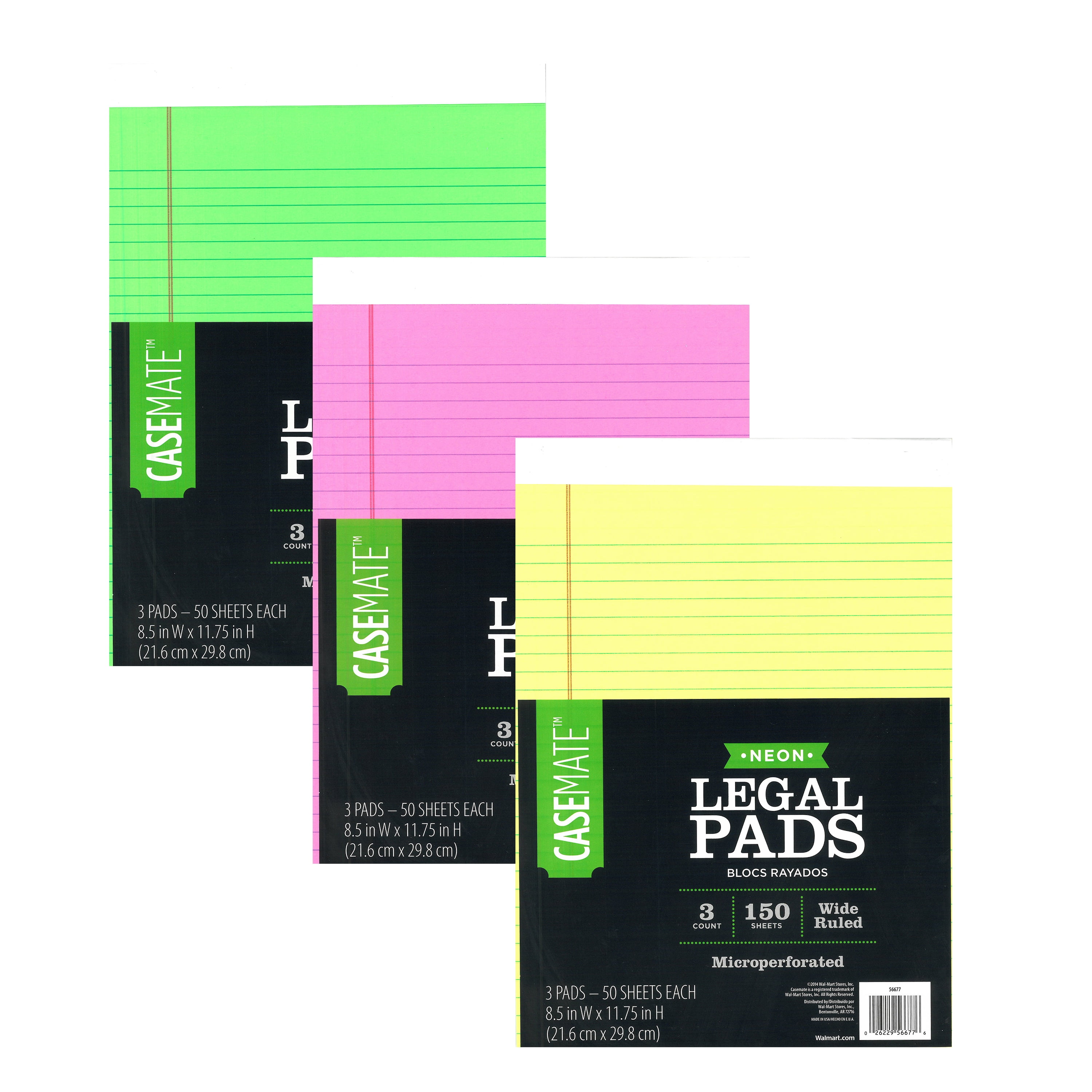 CaseMate neon legal pad, 3 pack (Color may vary), Wide Ruled, 8.5" x 11