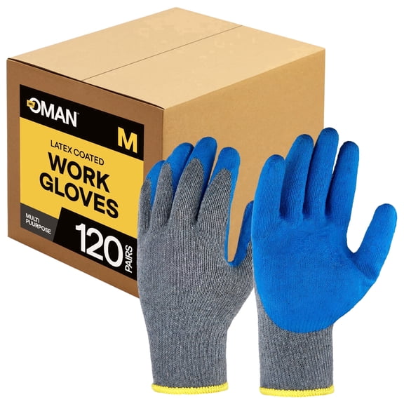Medium 120 Pairs, Blue Latex Coated, Gardening Gloves, Work Gloves, Double dipped, Textured Grip Gloves for Men/Women