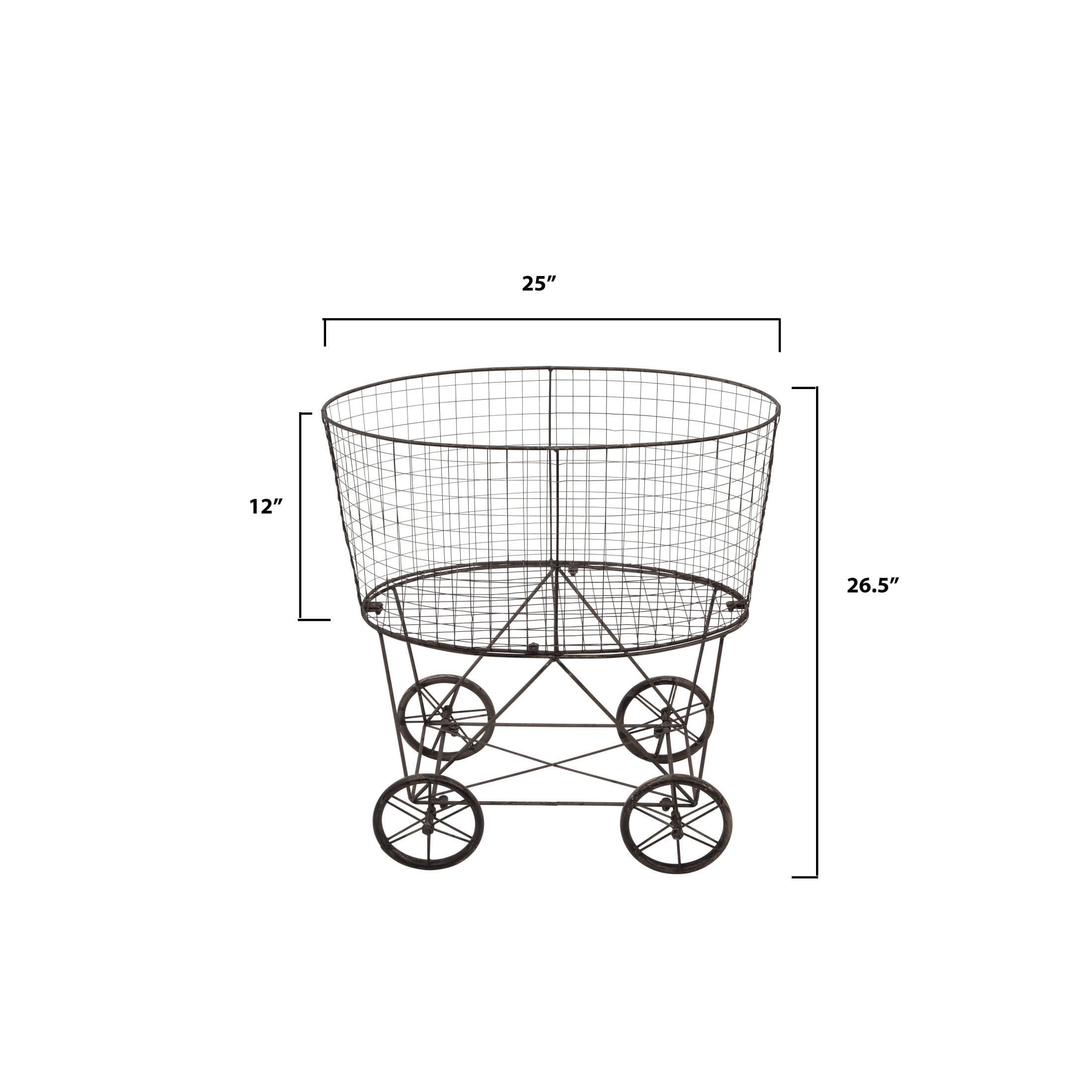 Woven Paths Vintage Iron Laundry Basket with Wheels, 24.75" x 27", Black
