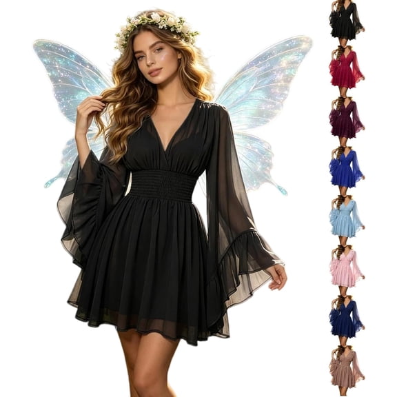 Halloween Dresses for Women Sexy Deep V Bell Sleeve A Line Solid Tunic Fairy Dress Casual Elegant Outfits