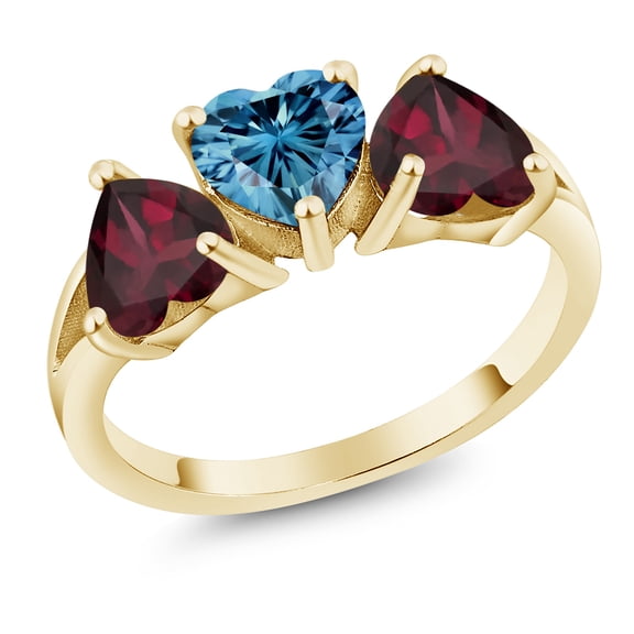 Gem Stone King 18K Yellow Gold Plated Silver 3-Stone Ring Heart Shape Persian Blue Moissanite and Rhodolite Garnet Red (2.24 Cttw, Size 8)