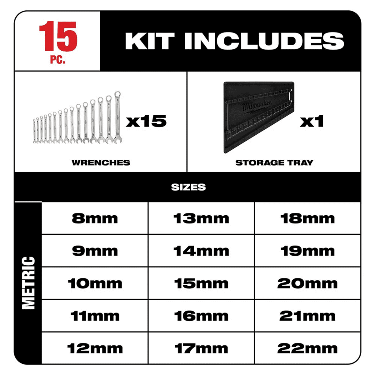 Milwaukee 48-22-9515 - 15-Piece Metric 12-Point Straight Head Combination Wrench Set with Storage Tray