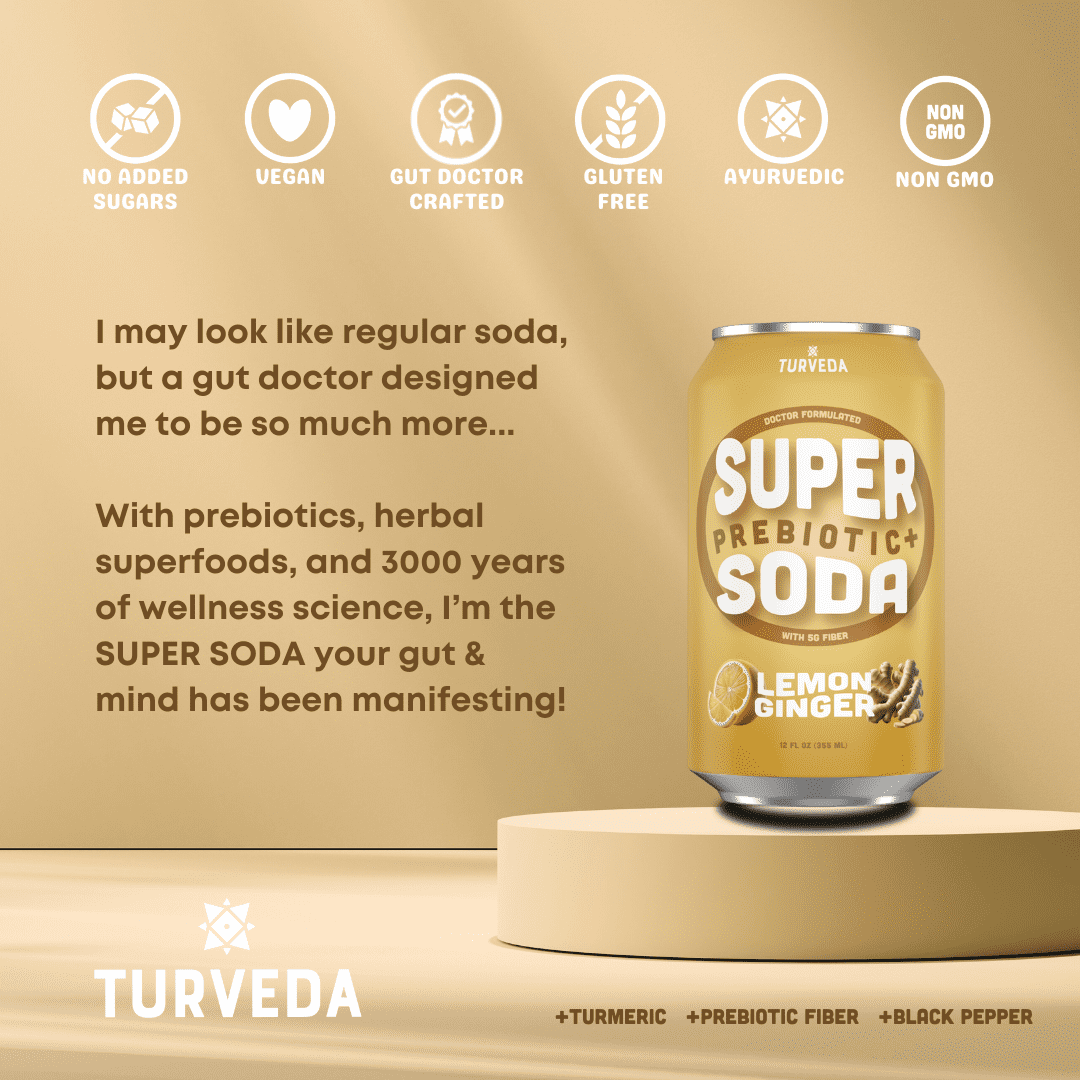 Turveda Super Prebiotic+ Lemon Ginger Pop Soda, Sparkling Drink, Modern Diet Soda 12 pack, 12 fl oz