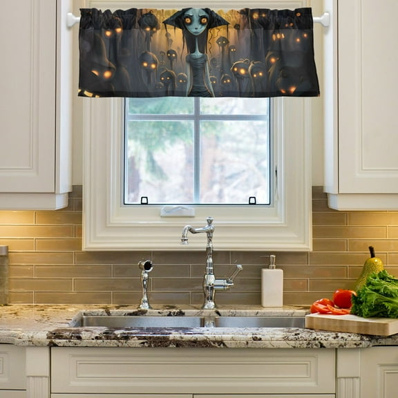 Halloween Girl Curtain Valances Farmhouse Design Window Treatment Decor Blackout Rod Pocket for Windows Living Room Kitchen 54" x 18"