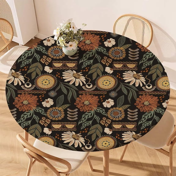 Boho Floral Fitted Round Tablecloth with Elastic Edge – Washable, Anti-Slip, Wrinkle-Free Table Cover for 36"-42" Round Tables