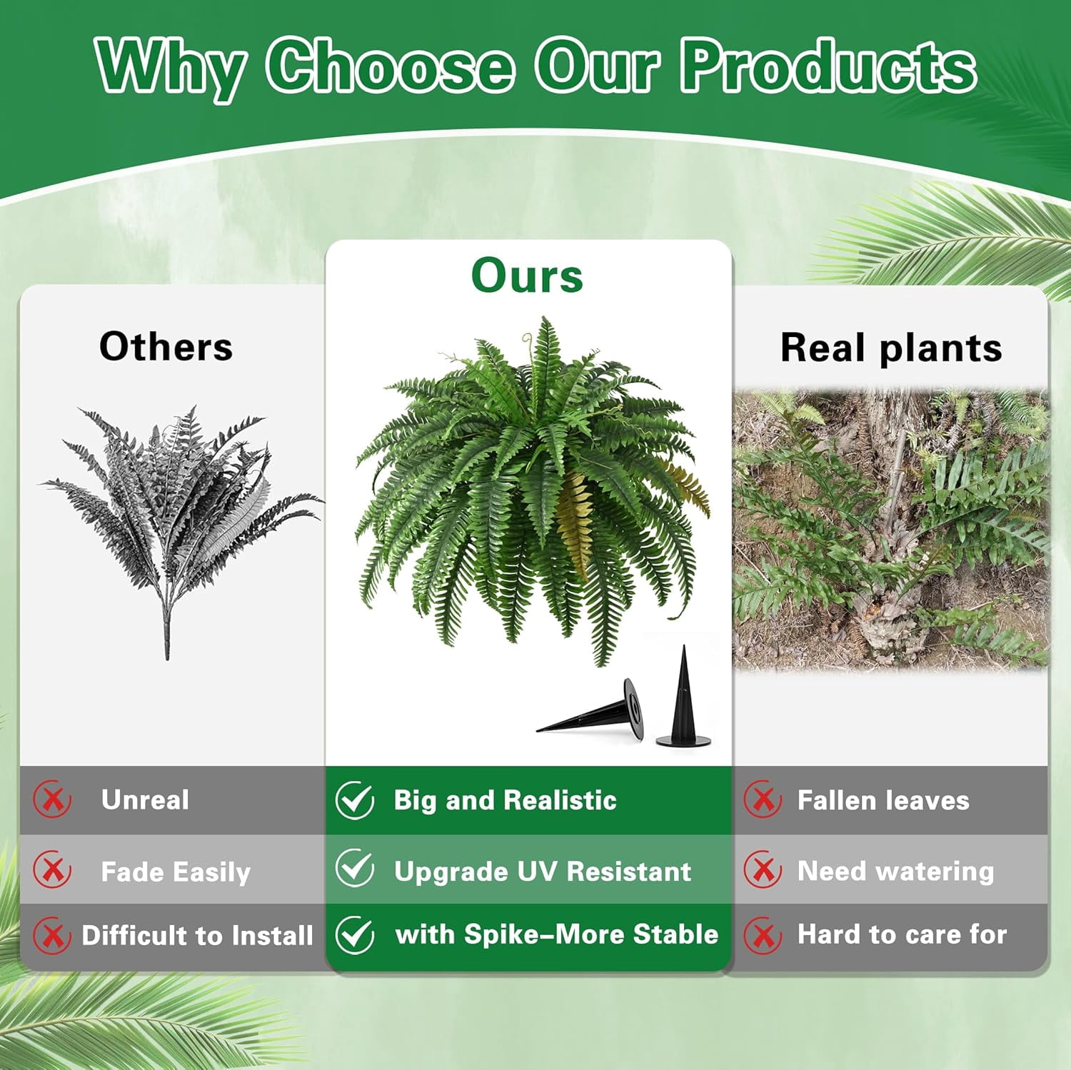 2PCS 45in Fake Ferns Large Artificial Plants Outdoor  Weatherproof Faux  Fern Realistic Hanging Decor for Porch Home Garden