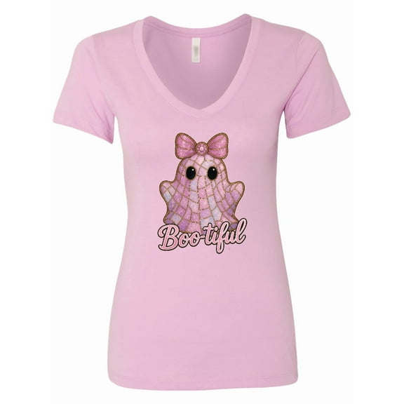 Inktastic Cute Boo-tiful Ghost with Pink Bow Kids Halloween Women's V-Neck T-Shirt