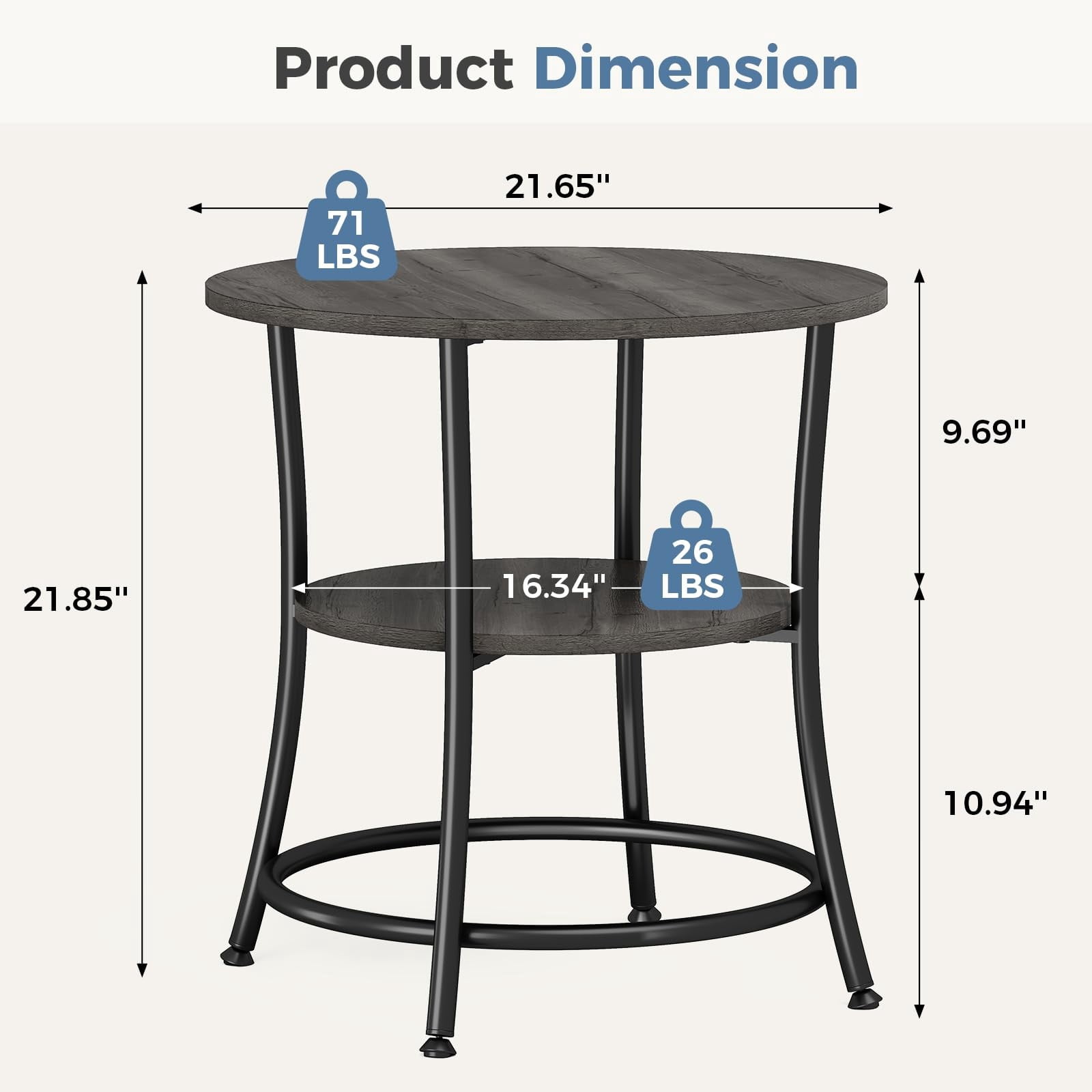 Telyra 2-Tier Round Side Table 21.8" End Table with Antiqued Wood Grain Top and Steel Base, Gray