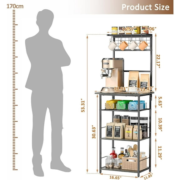 5 Tier Coffee Bar Station, Kitchen Stand with 4 S-Shaped Hooks, Farmhouse Corner Coffee Bar for Small Spaces, Bakers Rack for Kitchen, Entryway, Living Room, 13.43"D x 18.93"W x 53.31"H, Gray