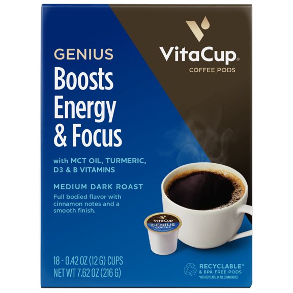 VitaCup Genius Coffee Pods 18 CT Keto Energy & Focus with MCT, Turmeric, Cinnamon, & Vitamins B & D3 Recyclable Single Serve Pods Compatible with K-Cup Brewers Including Keurig 2.0