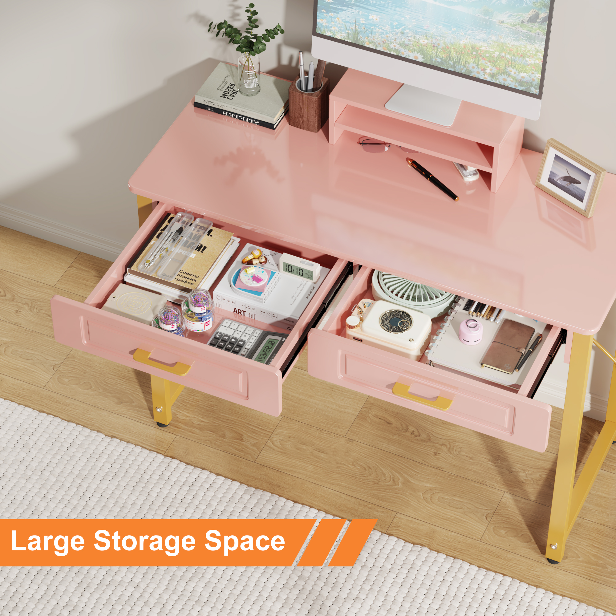 GYIIYUO Pink and Gold Modern Writing Desk with 2 Drawers, Computer Desk for Home Office, Bedroom
