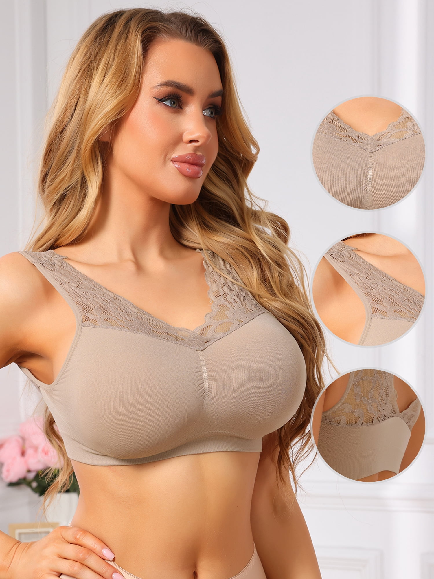DARING DIVA Women's Lace V Back Wireless Full Coverage Push Up Pullover Bra 2XL Beige