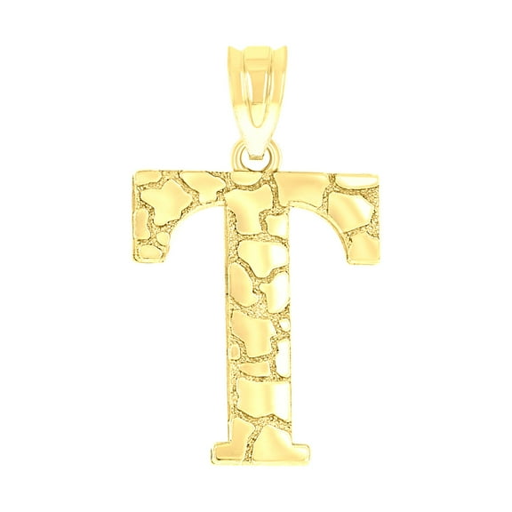 10k Yellow Gold Unisex Nugget Initial T Charm Pendant for Men Women
