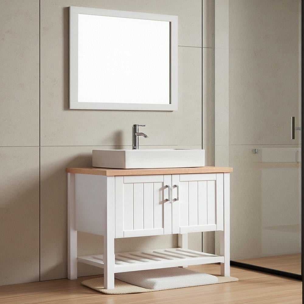 Canddidliike 32" Bathroom Vanity with Sink,Single Bathroom Vanities Cabinet with Doors and Open Shelf,Solid Wood Small Vanity with Sink Set for Indoor as Bathroom, White+Natural