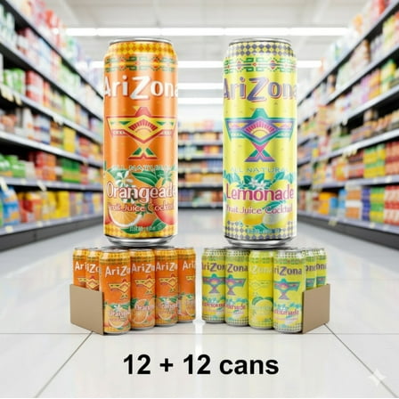 🍋 AriZona Lemonade & Orangeade Juice Cocktail – 22 fl oz Big Can (12-Pack) 🍊🥤