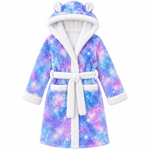 Aideaone Girls Hooded Plush Robe Soft Fuzzy Bathrobe Cozy Sleepwear Loungewear with Belt Pockets Printed Fluffy Lounge Robe for 4-12Y