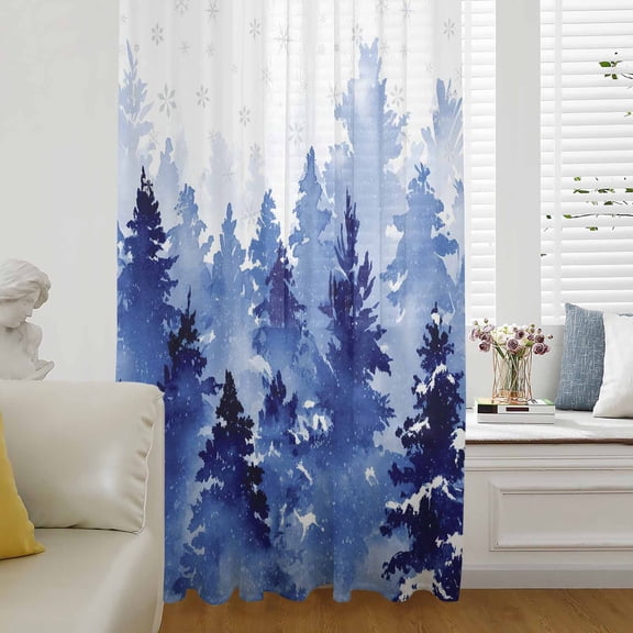 Blue Christmas Semi Sheer Curtains Drapes for Living Room,Bedroom,French Doors Window 108 Inches Long,Winter Snowflake Abstract Forest Tree Rod Pocket Chiffon Curtain Drapery Voile Draperies Panel