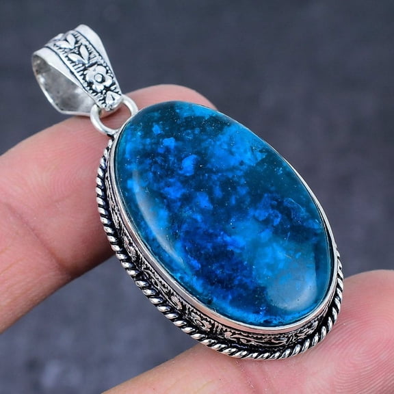 Natural Blue Amber Gemstone Handmade 925 Sterling Silver Pendant 2.05"