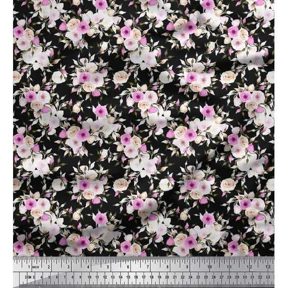 Soimoi Cotton Voile Fabric Leaves & Rose Floral Print Sewing Fabric Yard 42 Inch Wide