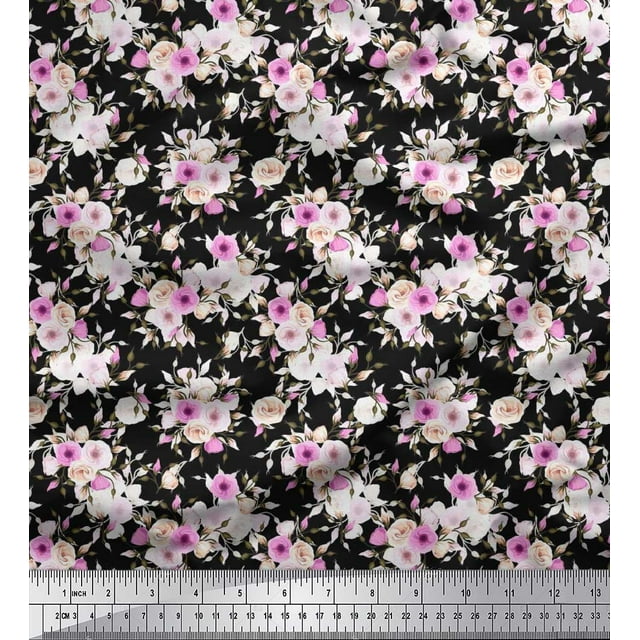 Soimoi polyester Crepe Fabric Leaves & Rose Floral Decor Fabric Printed Yard 42 Inch Wide