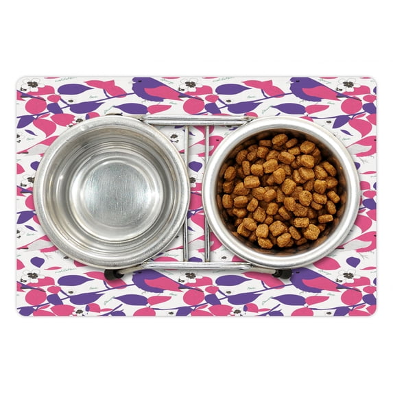 Animals Pet Mat for Food and Water, Summer Theme Colorful Design Birds and Flowers Quotes Love Energy Meditation, Non-Slip Rubber Mat for Dogs and Cats, 18" X 12", by Ambesonne