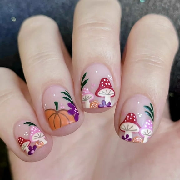 Halloween Faux Nails Set of 24 Mushroom Pumpkin Art Press On Nails Adhesive For Costume Parties Event
