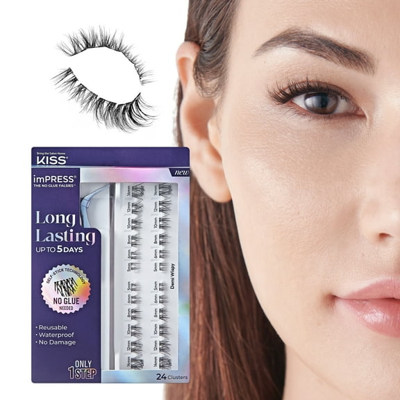 KISS imPRESS Long Lasting Self Adhesive Eyelashes, Demi Wispy, 5mm-14mm, 24 Lash Clusters
