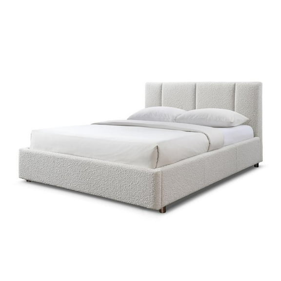 Pemberly Row Upholstered Platform Queen Bed in Cream Beige Boucle Fabric