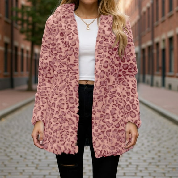 Fshiont Leopard Print Faux Fur Coat Women Plus Size Lightweight Jacket Cheetah Print Fleece Winter Jackets Elegant Partywear Pink 3XL