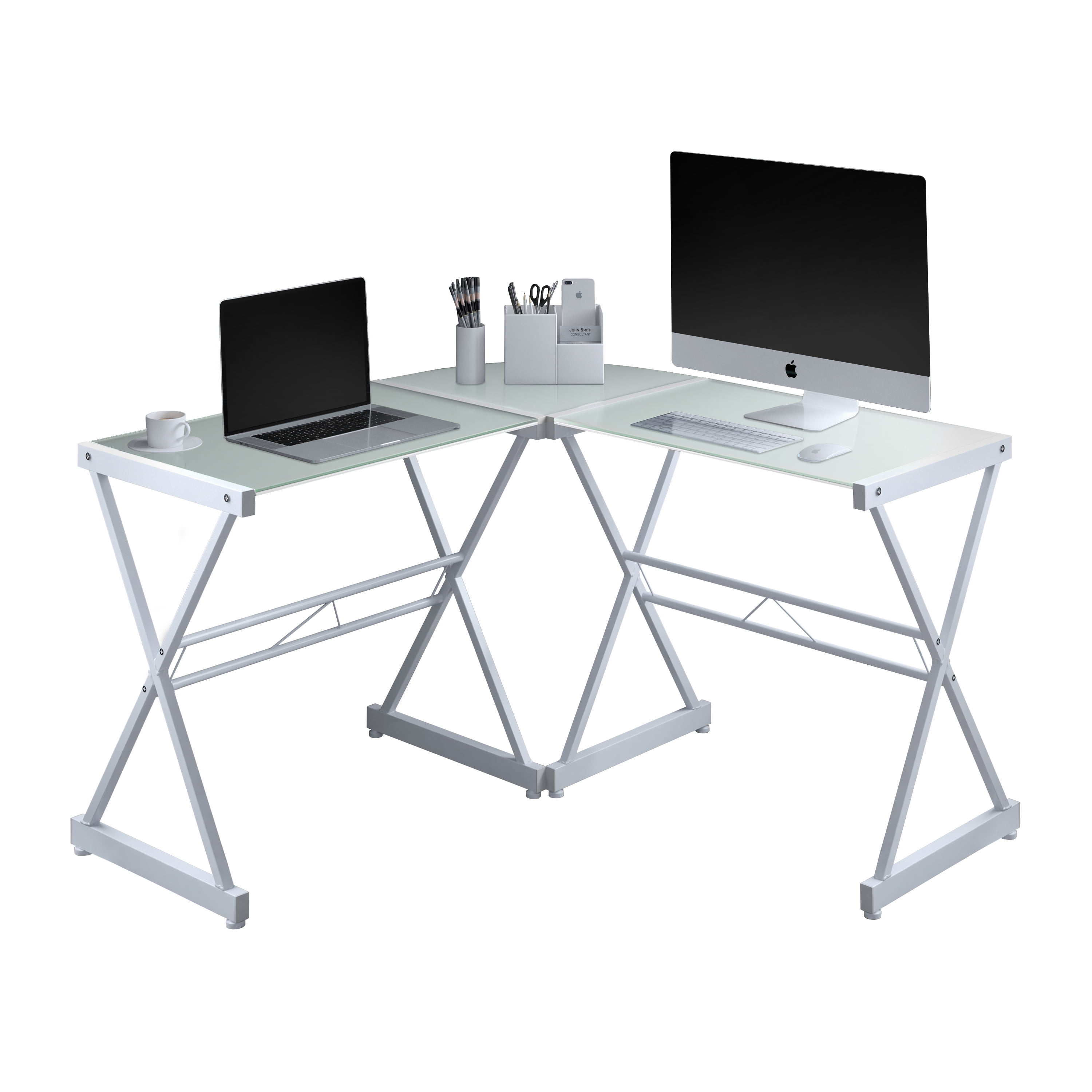Techni Mobili LShaped Glass Computer Desk, White