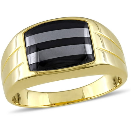 3 Carat T.G.W. Black Onyx and Hematite Yellow Rhodium-Plated Sterling Silver Men's Ring