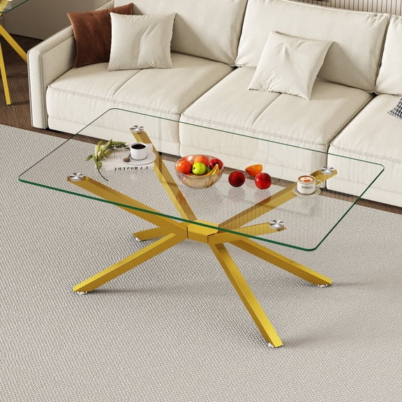Newboti Furniture 39.37" Rectangular Clear Tempered Glass Coffee Table,Stylish Design with Gold Metal Legs, Coffee Table for Living Room BN.9089