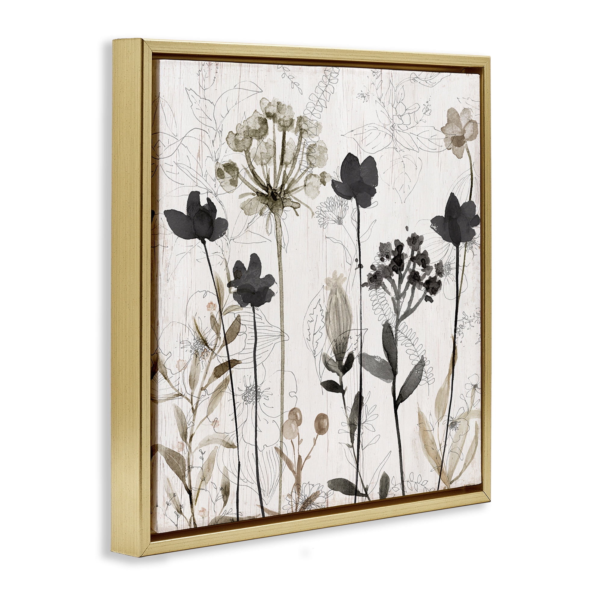 Stupell Industries Abstract Overlapping Flower Sprigs Botanical & Floral Painting Gold Floater Framed Canvas Art Print Wall Art, 25 x 25
