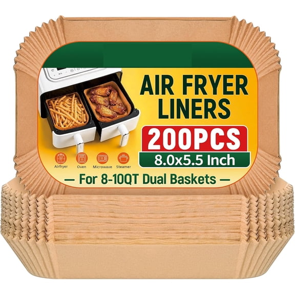RIOFLY 200 Pcs Disposable Air Fryer Liners, Rectangle Parchment Paper Sheets, Oil Proof Waterproof, 8.6 x 5.5 Inch, for Dual Basket Air Fryers