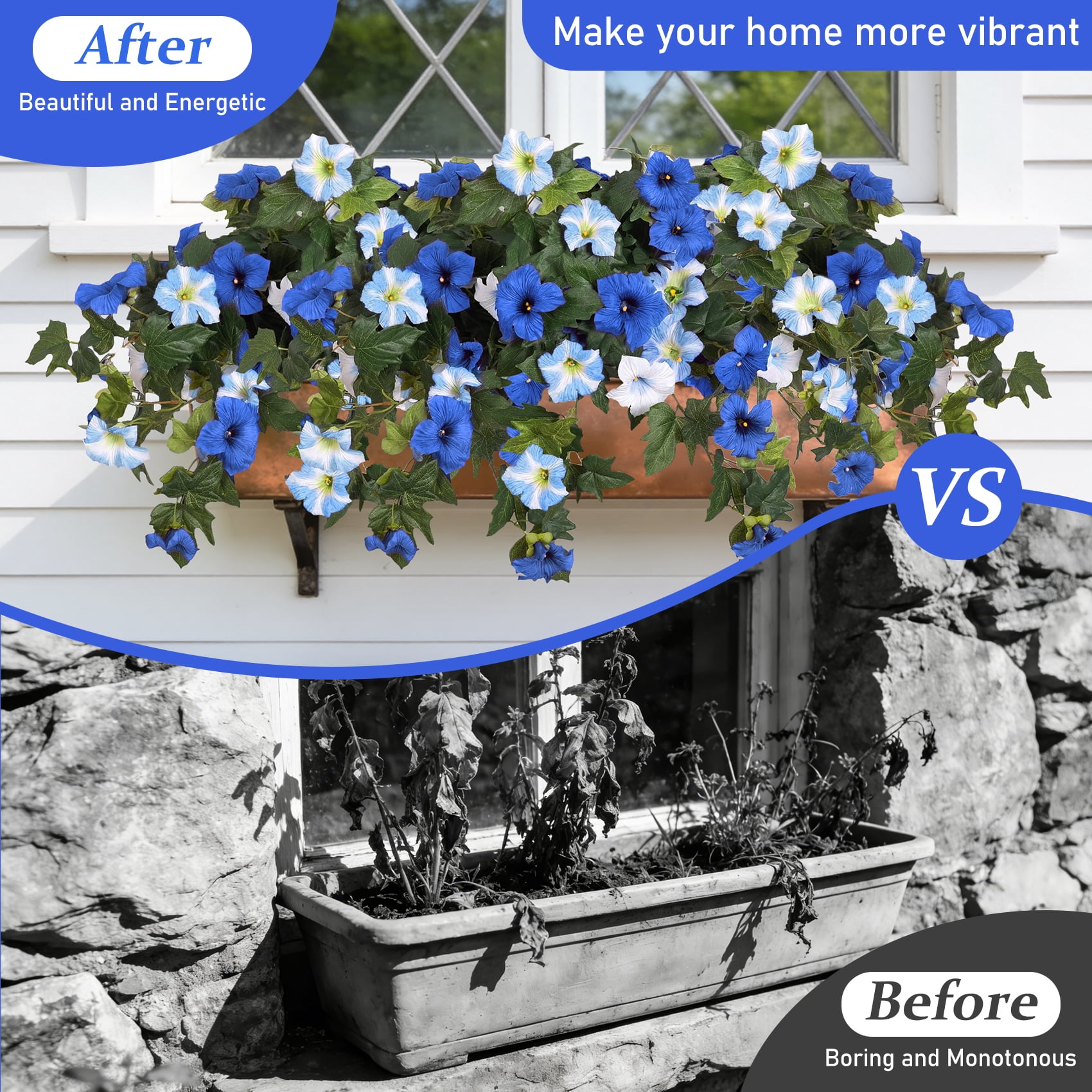 Scidweet Fake Artificial Flowers for Outdoor, 2Pcs Faux Petunias Silk Flowers Plants for Home Outside Garden Balcony Yard Front Porch Indoor Decor, Blue White
