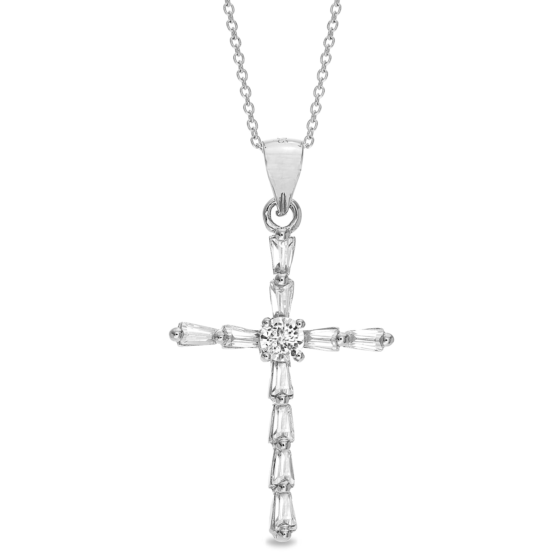 Sterling Silver Rhodium-plated Pink and White Cubic Zirconia Cross Pendant