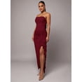 thumbnail image 4 of Burgundy Strapless Ruched Maxi Dress With Asymmetrical Ruffle Side Slit Elegant Evening Gown, 4 of 7