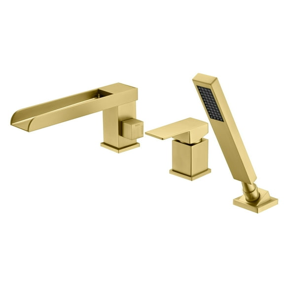 3 Hole Brushed Gold Waterfall Roman Tub Faucet with Hand Shower and Valve Sumerain